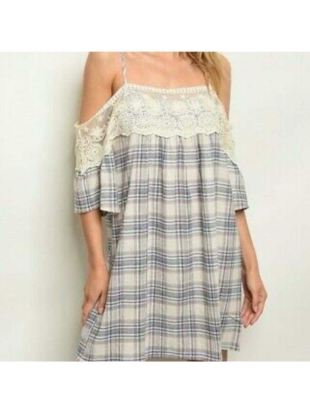Soieblu Cold Shoulder Lace Trim Plaid Dress Size Small